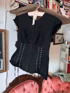 Moda International Black Lace-Up Button Front Corset Top